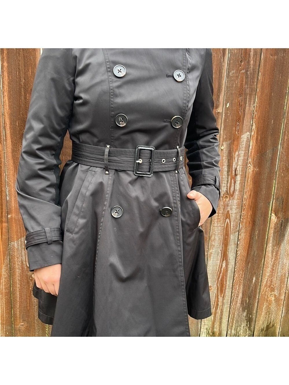 BLACK women’s double breasted trench coat - Picture 6 of 9